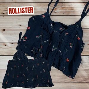 HOLLISTER NAVY SMOCKED BACK TIE FRONT ADJUSTABLE STRAPS CROP TOP